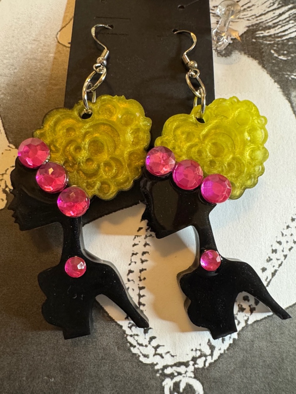 Black Silhouette Earrings with Chartreuse Heart and Pink Rhinestones